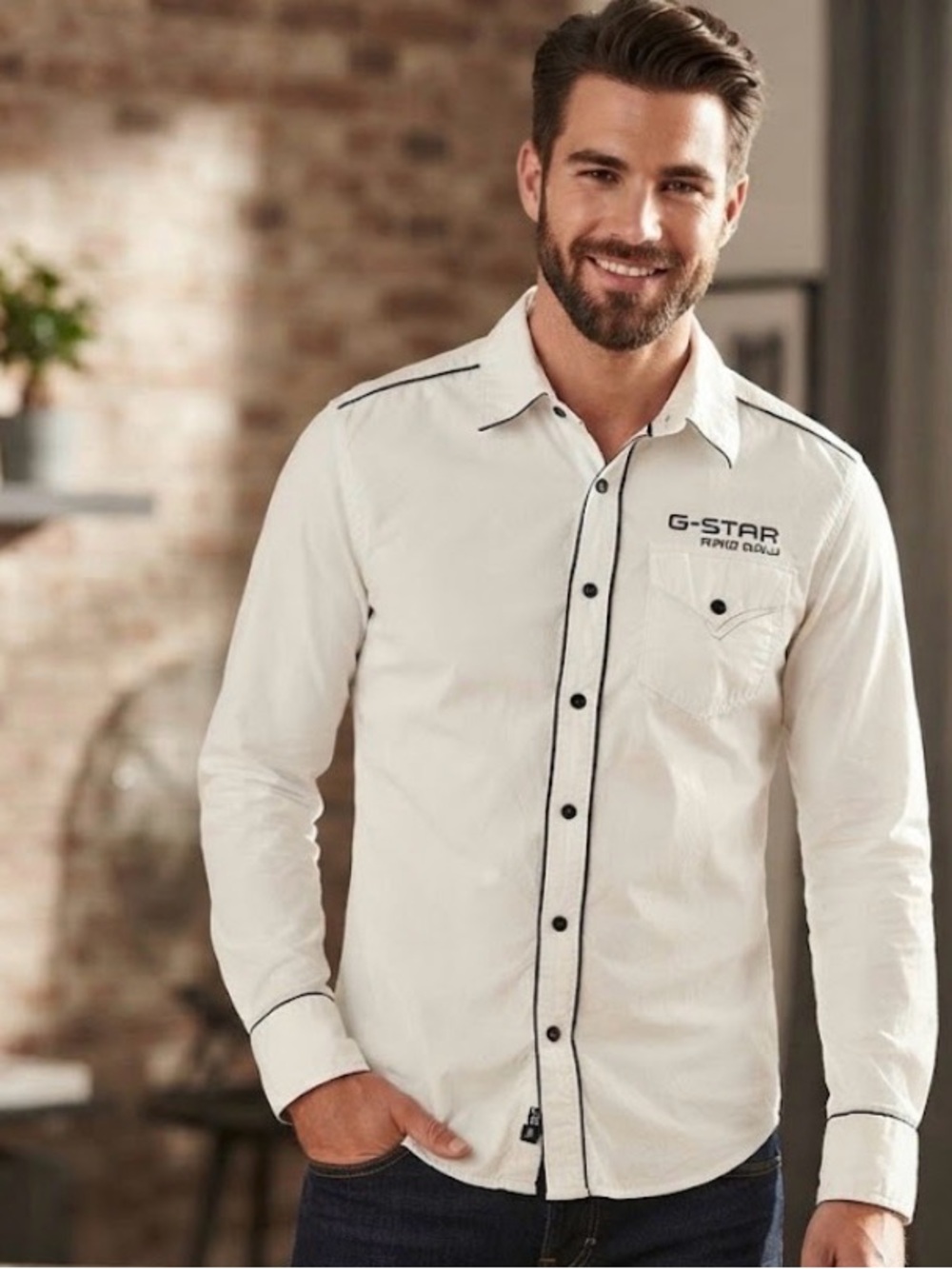 G-STAR Cream Button-Down Shirt with Black Contrast Trim